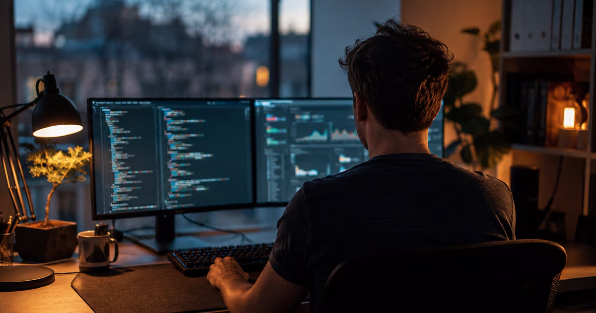 Entwicklerarbeitsplatz mit mehreren Monitoren in einem Berliner Büro am Abend