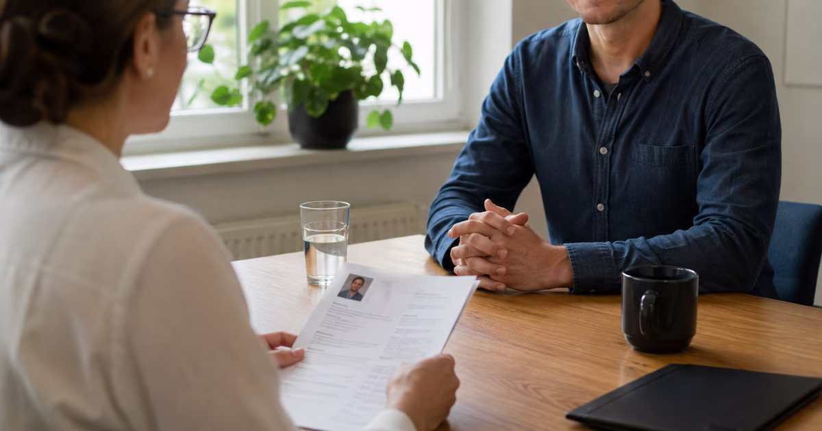 Bewerbungsgespräch an einem Besprechungstisch mit Tageslicht