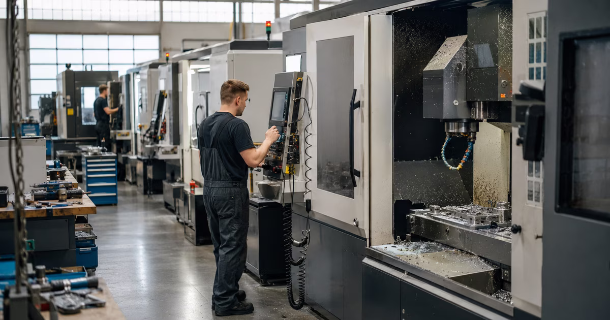 Fertigungshalle mit CNC-Maschinen während der Frühschicht